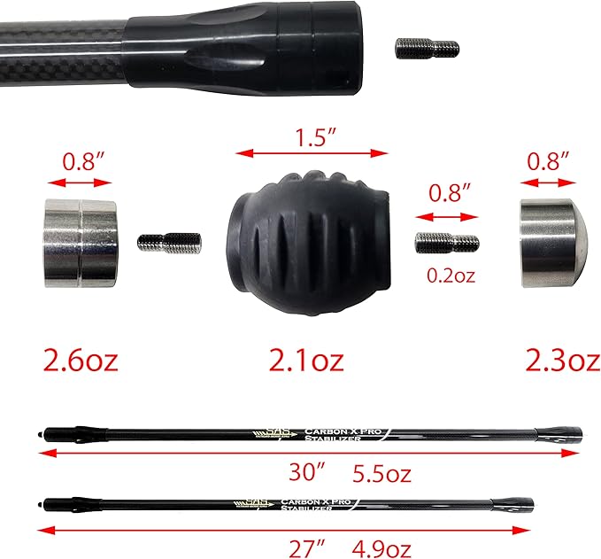 SAS Carbon X Pro Bow Stabilizer Main Bar for Compound Bows with Dampener and Weights Ultra Lightweight 27in 30in