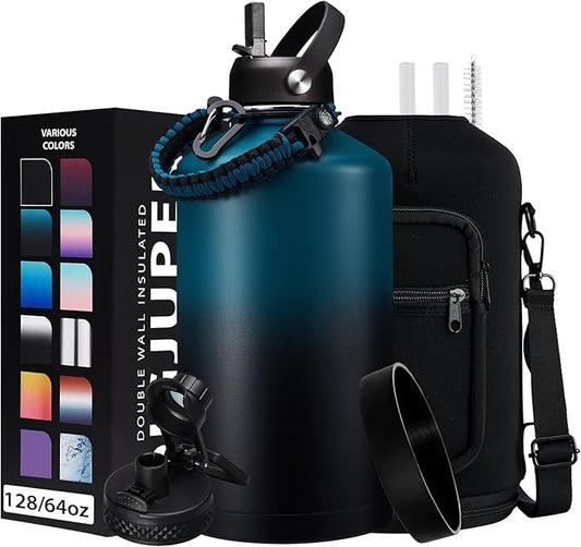 1 Gallon Water Bottle Stainless Steel - 128oz Insulated Flask Water Bottle with Sleeve Strap, Big Water Jug with Straw & Spout Lid, Gym Camping Gallon Water Bottle w/Paracord Handle, protective Boot-GravixFit