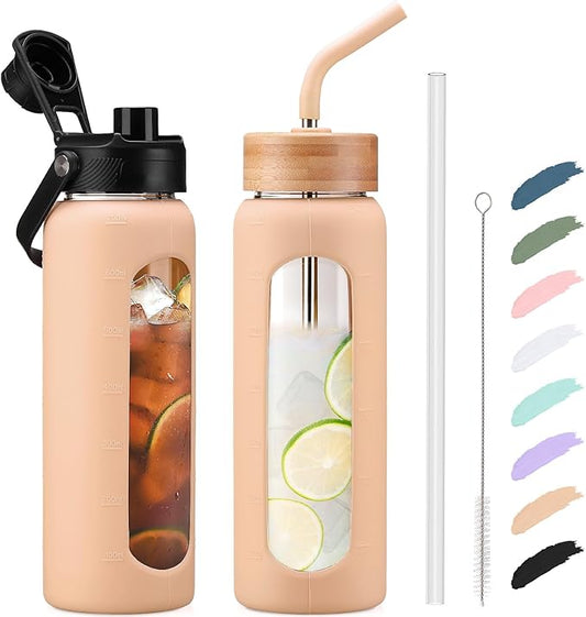 Kodrine Water Bottle with Straw, 24 oz Glass water Bottle with 2 Lids Bamboo Straw Lid and Spout Lid with Handle, 32 oz Clear Water Bottle Glass for Sports Travel, Waterbottle with Time Marker-GravixFit