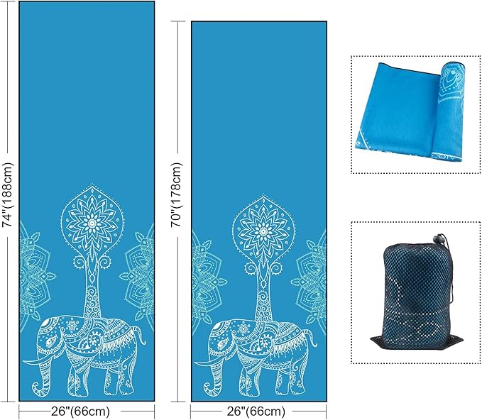 QiyI Yoga Mat Towel with Corner Pockets, Non Slip Sweat Absorbent Hot Yoga Towels, Soft Yoga Blankets with Travel Bag, Skidless Mat Cover for Workout, Gym, Fitness - 70"x26", Blue Mandala Elephant-GravixFit