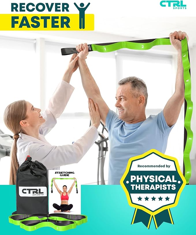 Stretching Strap with Loops - Non Elastic Stretch Band for Physical Therapy, Yoga Strap for Stretching Equipment, Stretch Bands for Exercise and Flexibility - Fascia, Hamstring & Leg Stretcher Belt-GravixFit