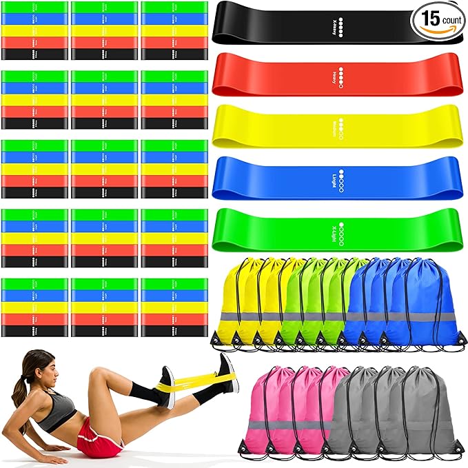 90 Pcs Workout Loop Resistance Bands Bulk, Gym Elastic Bands Set for Fitness Sport Class Students Members Gift Physical, 5 Pieces Each Set, with Large Drawstring Backpack Bags-GravixFit