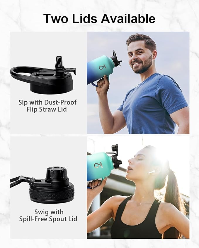 Trebo Half Gallon Water Bottle Insulated with Handle, 64 oz Double Wall Stainless Steel Metal Large Jug, Travel Flask with Straw Spout Lid, Mug Tumbler Cup with Carry Pouch, Keep Cold Hot, Blue-GravixFit