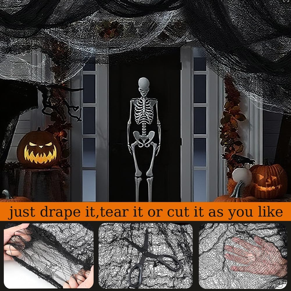 (Large Size 48 x 315 inch) Halloween Creepy Cloth - Spooky Giant Cheese Cloth Tapestry for Outdoor Yard Home Wall Decor Halloween Party Supplies & Decorations - Black