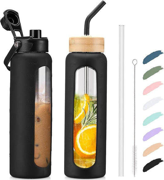 Kodrine Water Bottle with Straw, 24 oz Glass water Bottle with 2 Lids Bamboo Straw Lid and Spout Lid with Handle, 32 oz Clear Water Bottle Glass for Sports Travel, Waterbottle with Time Marker-GravixFit