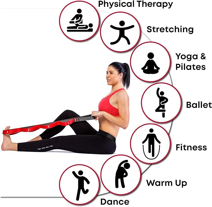 Stretching Strap with Loops - Non Elastic Stretch Band for Physical Therapy, Yoga Strap for Stretching Equipment, Stretch Bands for Exercise and Flexibility - Fascia, Hamstring & Leg Stretcher Belt-GravixFit