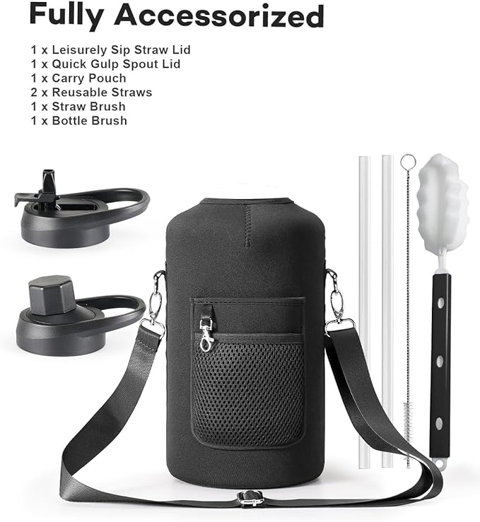 128 oz Stainless Steel Water Bottle with Handle and Carry Pouch, One Gallon Insulated Mug Tumbler with Straw Lid Spout Lid,Reusable Metal Water Bottle Jug Flask Cup,Keep Cold & Hot,Indigo Black-GravixFit