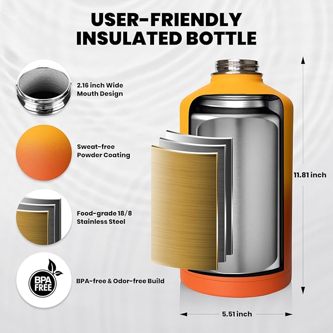 One Gallon Water Bottle Insulated, Triple Walled Vacuum Stainless Steel (Cold for 48 Hrs), Leak Proof & Non-BPA, Large Water Flask Jug with Paracord Handle & Straw Spout Lids-GravixFit