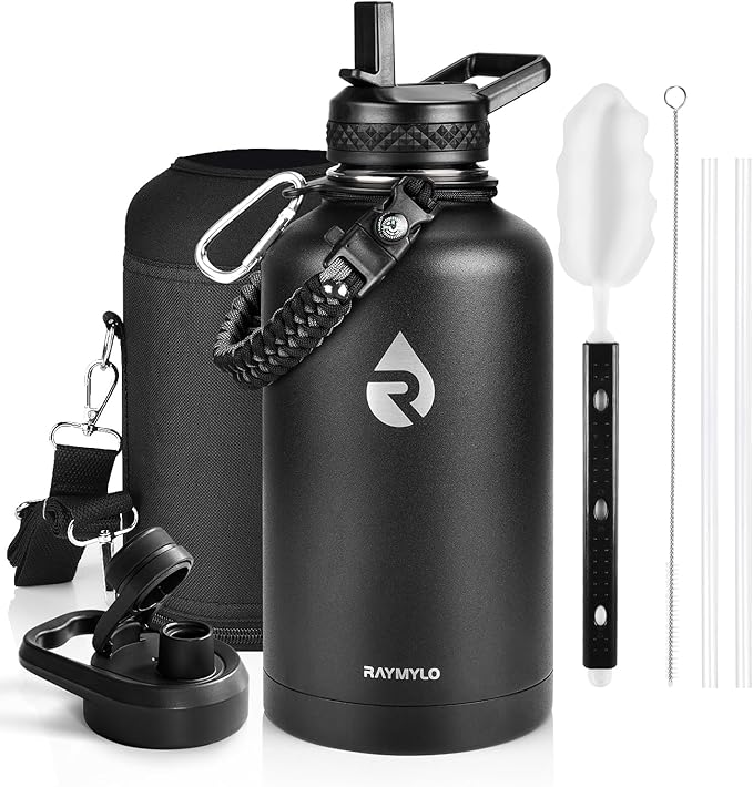 Insulated Water Bottle 64 oz, Triple Wall Vacuum Stainless Steel (Cold for 48 Hrs), Leak Proof & Non-BPA, Half Gallon Water Flask Jug with Paracord Handle & Straw Spout Lids, Magic Black-GravixFit