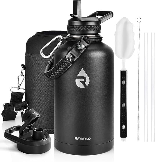Insulated Water Bottle 64 oz, Triple Wall Vacuum Stainless Steel (Cold for 48 Hrs), Leak Proof & Non-BPA, Half Gallon Water Flask Jug with Paracord Handle & Straw Spout Lids, Magic Black-GravixFit
