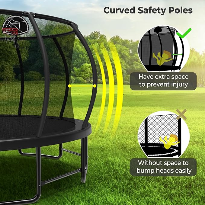 10 12 14 15 16FT Outdoor Trampolines for Kids and Adults, Pumpkin Trampoline with Curved Poles, Recreational Trampoline with Basketball Hoop and Safety Enclosure Net for Kids and Adults-GravixFit
