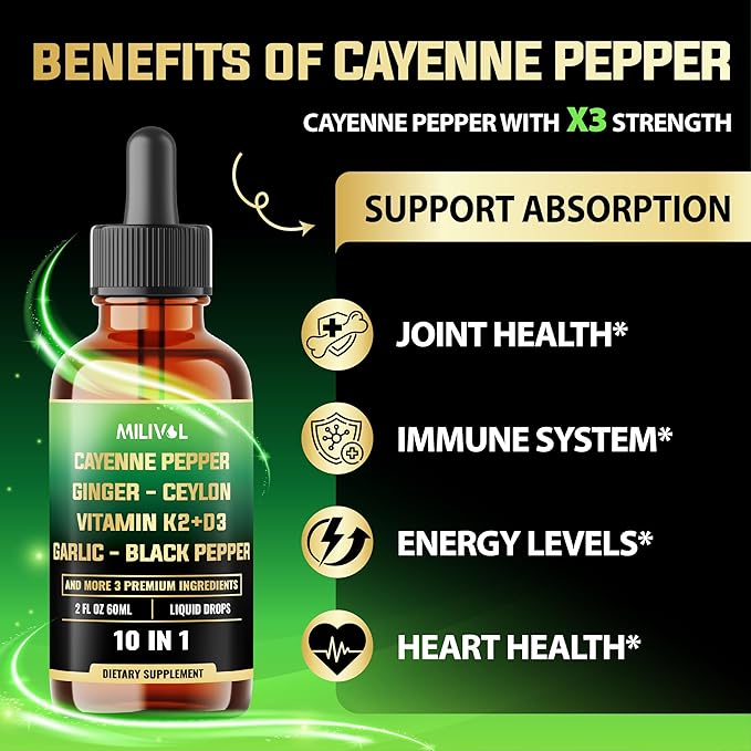 10in1 Cayenne Pepper Liquid Drops + Ginger, Ceylon Cinnamon, Vitamin D3, Vitamin K2, Garlic, Black Pepper and More - Digestion Support - 2 Fl Oz - 2 Months Supply-GravixFit