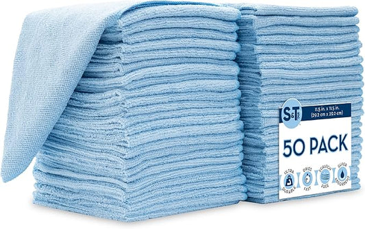 S&T INC. 50 Pack Microfiber Cleaning Cloth, Bulk Towels for Home, Reusable Microfiber Towels for Cars, Cleaning Rags, Light Blue, 11.5 Inches x 11.5 Inches, 50 Count-GravixFit