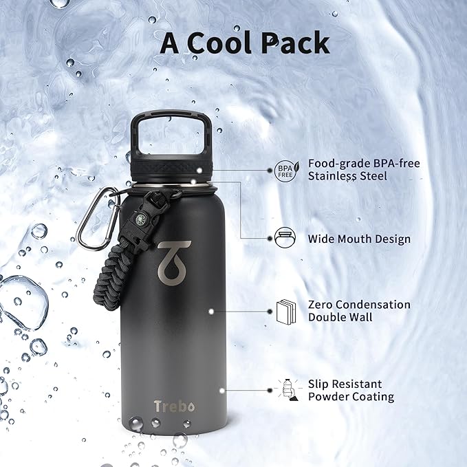 Trebo 32 oz Water Bottle Insulated with Paracord Handle and 3 Lids, Leakproof Stainless Steel Vacuum Water Jug Keep Cold 48 Hours, BPA-Free Gym Water Flask for Men Women Sports, Travel, Dark Gray-GravixFit