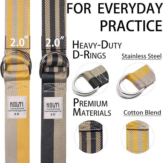 Yoga Exercise Adjustable Straps 8FT with Durable D-Ring for Pilates & Gym Workouts | Hold Poses, Stretch, Improve Flexibility & Maintain Balance-GravixFit