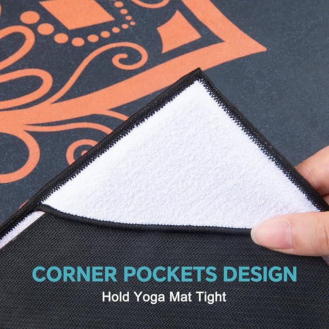 QiyI Yoga Mat Towel with Corner Pockets, Non Slip Sweat Absorbent Hot Yoga Towels, Soft Yoga Blankets with Travel Bag, Skidless Mat Cover for Workout, Gym, Fitness - 70"x26", Luxury Golden Mandala-GravixFit
