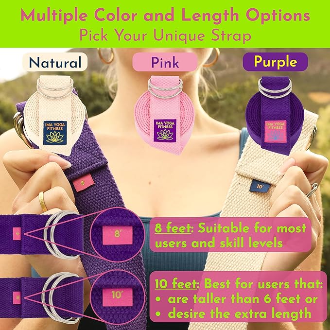 Adaptive Yoga Strap, Stretching Strap, 2 Inches Wide, 100% Naturally Soft Cotton, Steel D-Rings, Includes Natural Cotton Drawstring Storage Pouch and Instructional E-Book-GravixFit
