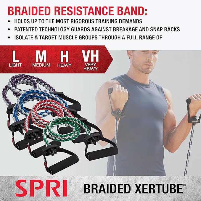 SPRI Braided Xertube Resistance Bands – Premium Exercise Band for Men & Women – Workout Equipment for Home Gym Fitness Training – Comfort Grip for Strength, Weights, and Resistance-GravixFit