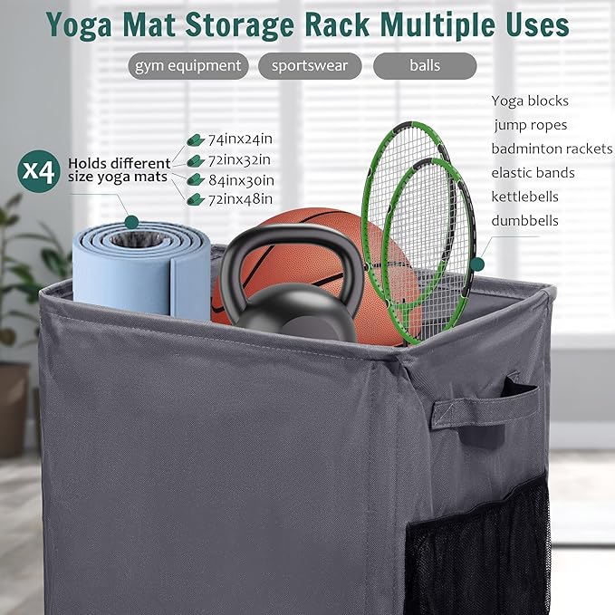 Yoga Mat Storage Racks, Home Gym Storage Rack with Wheels, Yoga Mat Holder Side 2 Mesh Pockets, Yoga Storage Basket Holds 4 Yoga Mats, 2 Foam Rollers, 6 Resistance Bands-GravixFit