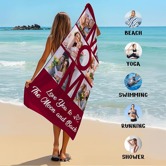 JML Mothers Day Birthday Gifts for Mom from Daughter Son, Personalized Beach Towel with Photo, Custom Beach Towel Gift for Mommy, Grandma, Women, Wife Anniversary Family Day, Summer, Holiday-GravixFit
