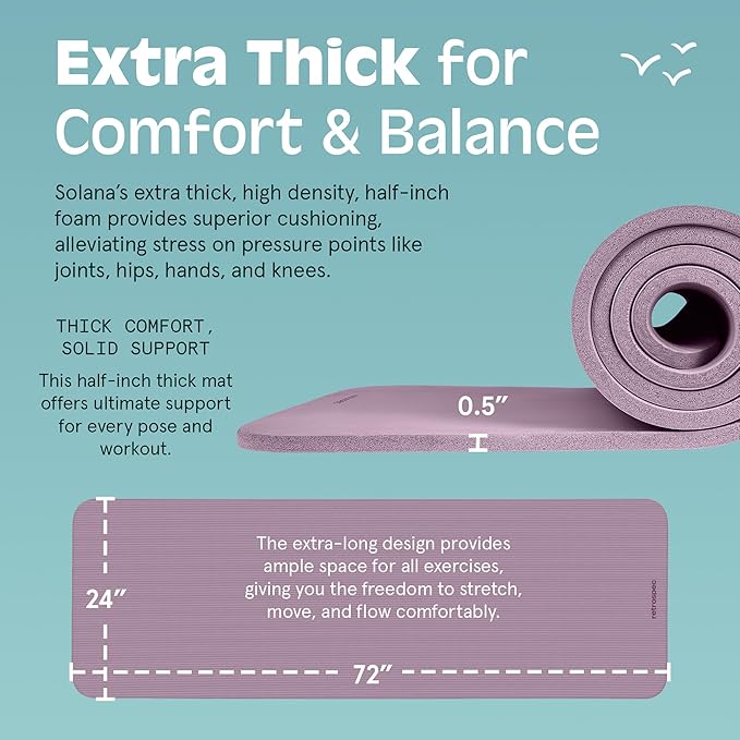 Retrospec Solana Yoga Mat 1/2" Thick w/Nylon Strap for Men & Women - Non Slip Exercise Mat for Yoga, Pilates, Stretching, Floor & Fitness Workouts-GravixFit