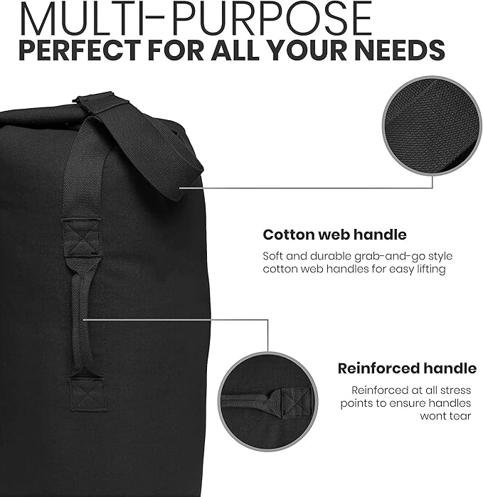 WHITEDUCK Top Load Canvas Folding Duffel Bag, Water Resistant Army Style Shoulder Bag for Men and Women- Gym, Sports, Travel, Hiking, Camping, Backpacking (Large 25" x 42",Black)-GravixFit