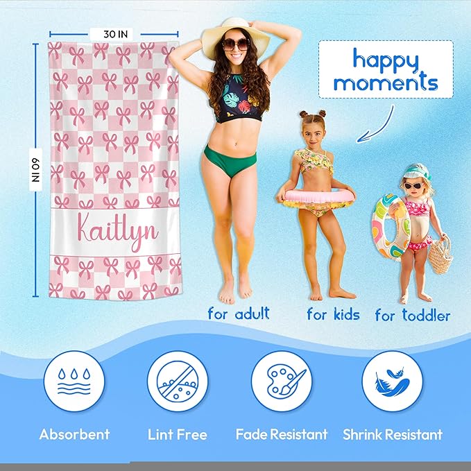 JML Personalized Beach Towel with Name, Custom Beach Towel with Text, Customized Bow Microfiber Pool Towel, Quick Dry & Absorbent Swim Towel for Adult,Anniversary, Birthday, Summer Holiday,Vacation-GravixFit