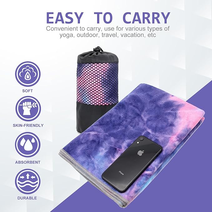 Eunzel 2 Pack Yoga Towel,Hot Yoga Mat Towel with Grip Dots Sweat Absorbent Non-Slip for Hot Yoga, Pilates and Workout 24" x72，Purple & Blue/Green & Purple (2 Pack)-GravixFit
