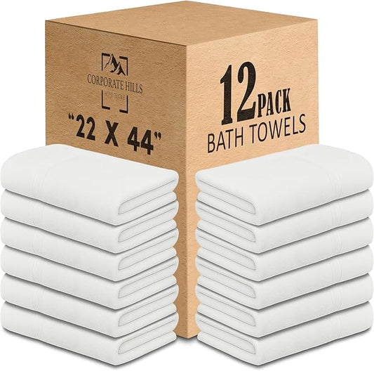 CH White Bath Towels Bulk - 22 x 44 Inches, 100% Cotton Economy Light Weight Towels for Commercial Use - Quick Dry, Ultra-Soft, and Absorbent Bulk Towels (12 Pack)-GravixFit