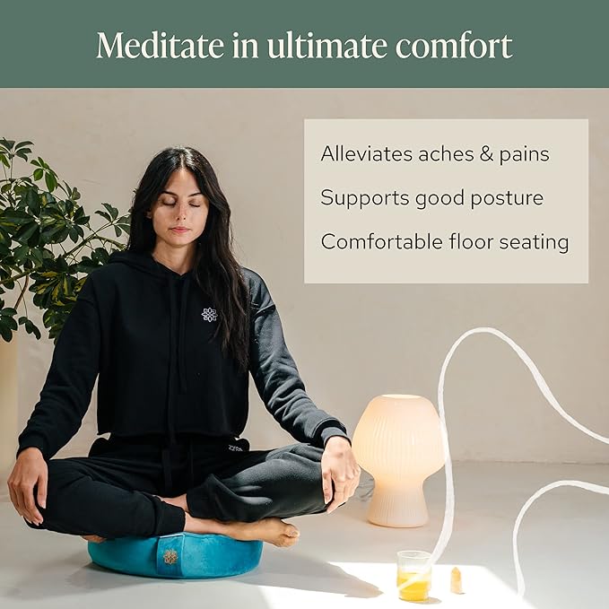 Mindful & Modern Velvet Meditation Cushion | Luxe Zafu Yoga Floor Pillow Seat | Posture Support | Buckwheat Hull Filled | Large Round Cushion with Removable Washable Cover + Carry Handle | Color Teal-GravixFit