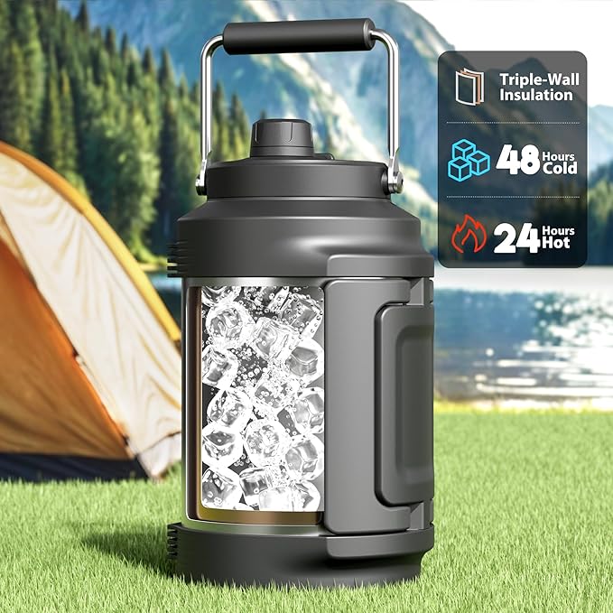 Meoky 1 Gallon Insulated Water Bottle for Travel 128 oz Triple Wall Vacuum Stainless Steel Water Jug - Top and Side Handles, Cold for 48 Hrs, 2-in-1 Straw and Spout Lid, Leak Proof for Work (Silver)-GravixFit