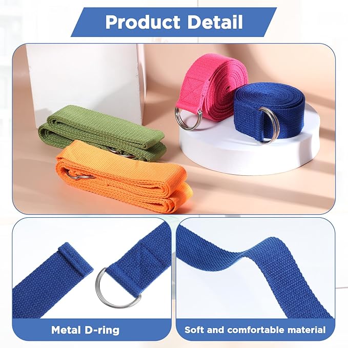 10 Pcs Yoga Strap 8ft Yoga Stretching Exercise Band Stretching Belt with Adjustable Metal D Ring Buckle Loop for Pilates, Dance, Physical Therapy, Gym Workout-GravixFit