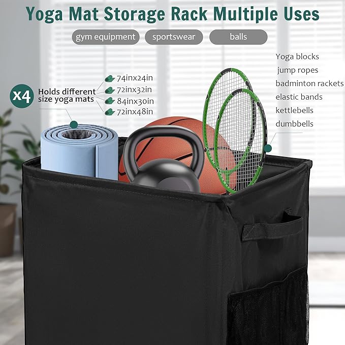Yoga Mat Storage Racks, Home Gym Storage Rack with Wheels, Yoga Mat Holder Side 2 Mesh Pockets, Yoga Storage Basket Holds 4 Yoga Mats, 2 Foam Rollers, 6 Resistance Bands-GravixFit