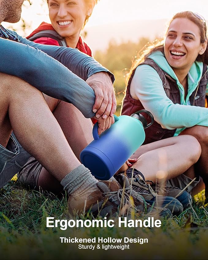 Trebo Half Gallon Water Bottle Insulated with Handle, 64 oz Double Wall Stainless Steel Metal Large Jug, Travel Flask with Straw Spout Lid, Mug Tumbler Cup with Carry Pouch, Keep Cold Hot, Blue-GravixFit