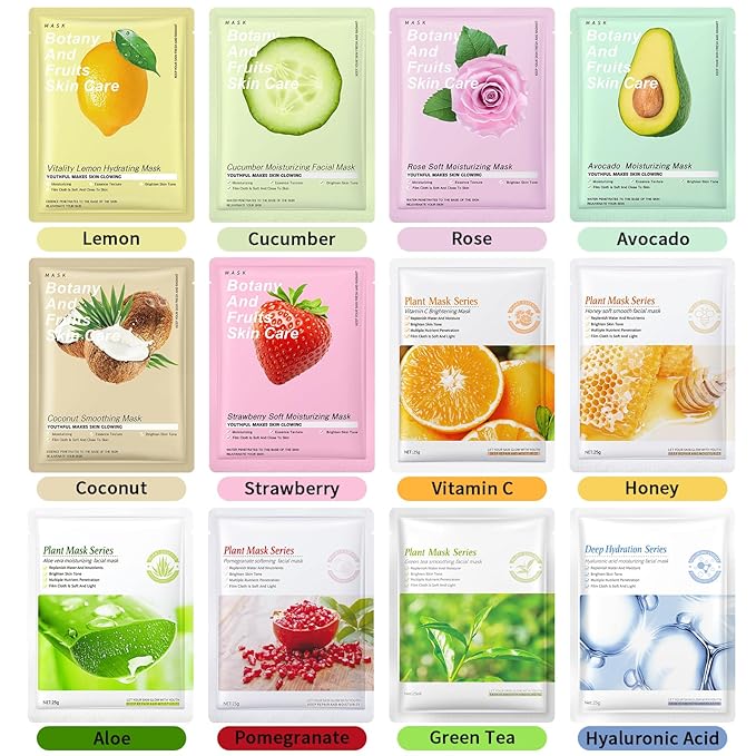 12 Pack Face Masks Skincare, Hydrating Face Masks for Women Skin Care Sheet Face Mask for Kids Teens Girls, Face Sheet Mask for All Skin Types, Skincare Set Gift Spa Party Favors for Girls Teens Women-GravixFit