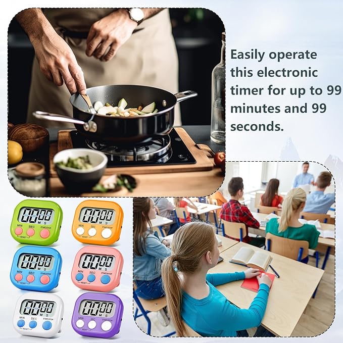 12 Pack Digital Kitchen Timer Magnetic Digital Timer with Big Display Loud Ring Cooking Timers for Kitchen Electronic Timer for Cooking, Bathing, Gym, Break Time, Classroom(12,White, Blue, Orange)-GravixFit