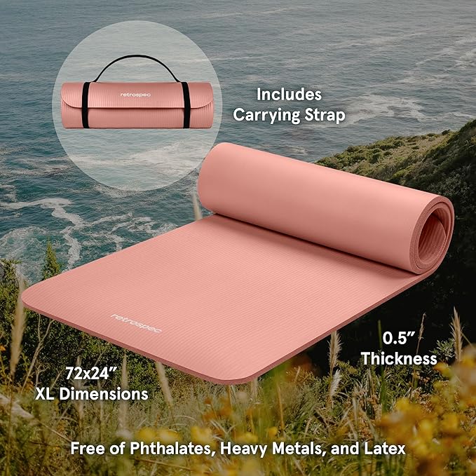 Retrospec Solana Yoga Mat 1/2" Thick w/Nylon Strap for Men & Women - Non Slip Exercise Mat for Yoga, Pilates, Stretching, Floor & Fitness Workouts-GravixFit