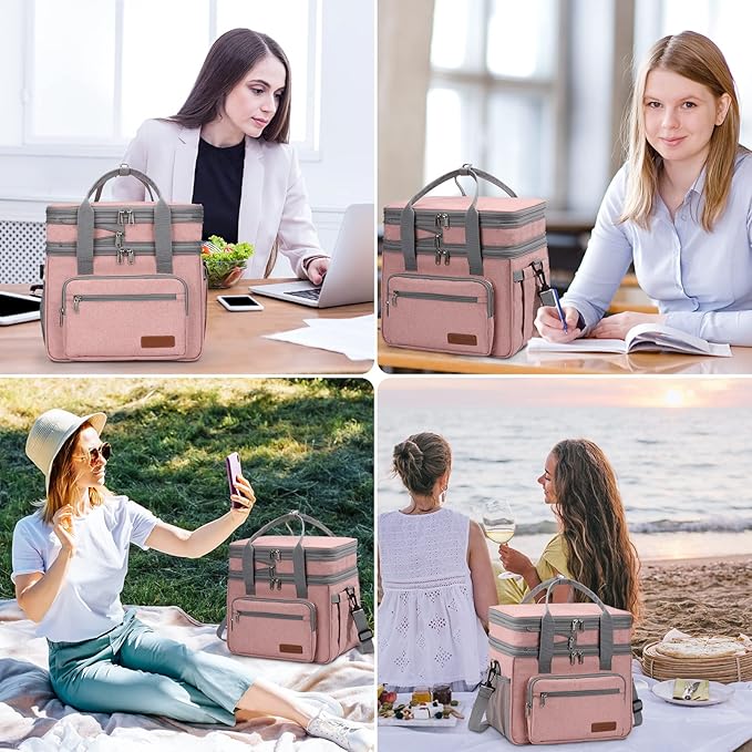 Maelstrom Lunch Bag Women,23L Insulated Lunch Box for Men Women,Expandable Double Deck Lunch Cooler Bag,Lightweight Leakproof Lunch Tote Bag with Side Tissue Pocket,Pink-GravixFit
