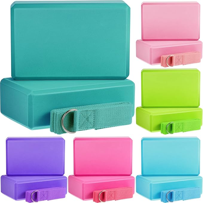 Meooeck 18 Pcs Yoga Block and Strap Set 9 x 6 x 3 Inch EVA Foam Non Slip Brick 8 ft Yoga Straps for Stretching D Ring Design for Back to School Pilates Fitness Workout Exercise-GravixFit