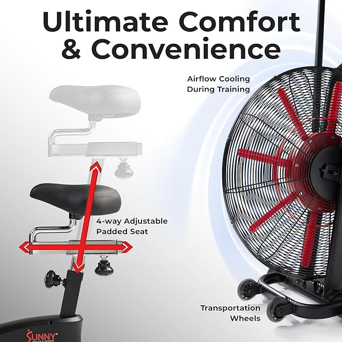 Sunny Health & Fitness Premium Smart Cross-Training Fan Bike, Air Resistance Cardio Machine w/330lb Capacity for Intensive Home Workout, Customizable Monitor w/Free SunnyFit App Connection-SF-B223018-GravixFit