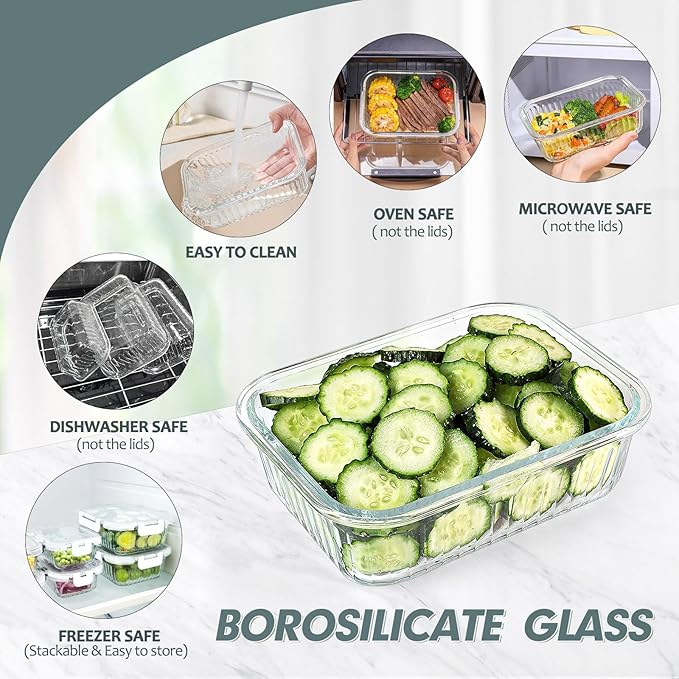 10 Packs Glass Food Storage Containers Set, Glass Meal Prep Containers with Lids, Airtight Lunch Containers, Microwave, Oven, Freezer and Dishwasher Safe, White-GravixFit