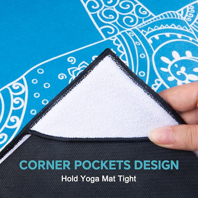 QiyI Yoga Mat Towel with Corner Pockets, Non Slip Sweat Absorbent Hot Yoga Towels, Soft Yoga Blankets with Travel Bag, Skidless Mat Cover for Workout, Gym, Fitness - 70"x26", Blue Mandala Elephant-GravixFit