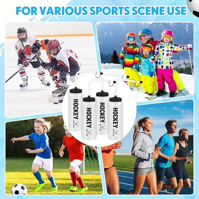 Domensi 4 Pack 1 Liter Sports Water Bottle W/Long Straw Hockey Lacrosse BPA Free Easy Squeeze Plastic Bottle Use W/Sport Helmet in Football Baseball Gym Yoga (Translucent,Novel)-GravixFit