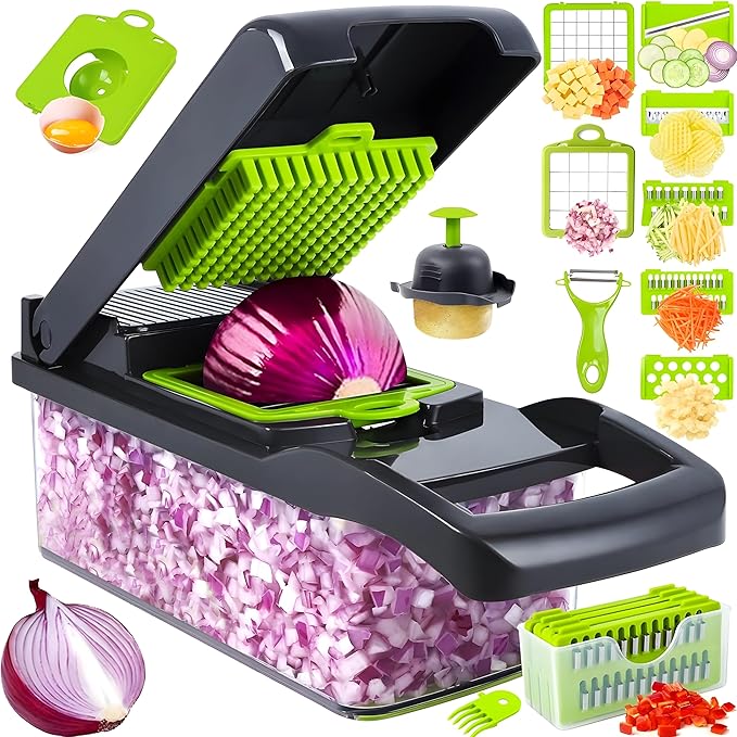 16-in-1 Vegetable Chopper & Slicer | Stainless Steel Mandoline Cutter with Onion Dicer, Grater, Spiralizer, Julienne Blades | Multifunctional & Manual Kitchen Tool I Lightweight & Easy To Use-GravixFit