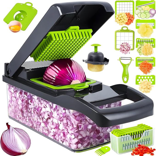 16-in-1 Vegetable Chopper & Slicer | Stainless Steel Mandoline Cutter with Onion Dicer, Grater, Spiralizer, Julienne Blades | Multifunctional & Manual Kitchen Tool I Lightweight & Easy To Use-GravixFit