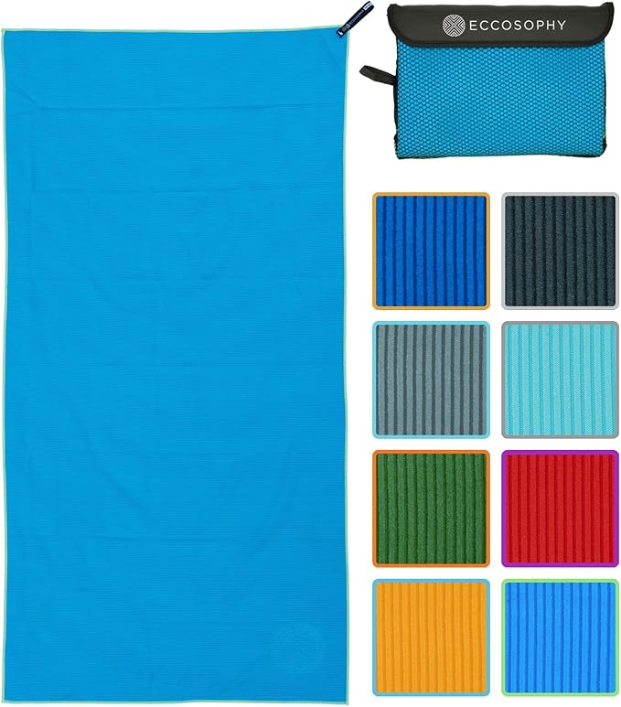 ECCOSOPHY Microfiber Beach Towel – Quick Dry Gym Towel, Highly Absorbent with Ribbed Texture, Lightweight – Ideal for Travel, Pool, Yoga, Fitness & Outdoor Adventures – 71x35 Azure-GravixFit