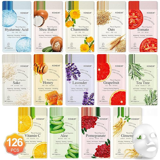 126 Pack Sheet Face Masks Skincare, Bulk Facial Mask Gifts Set for Women Skin Care, Hydrating Face Masks Suitable for All Skin Types, Face Mask Spa for Sensitive Skin-GravixFit