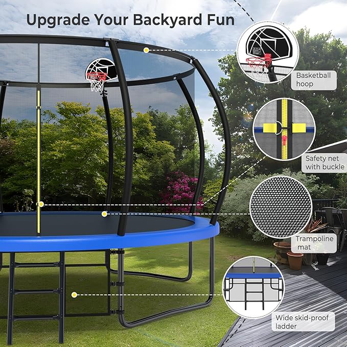 10 12 14 15 16FT Outdoor Trampolines for Kids and Adults, Pumpkin Trampoline with Curved Poles, Recreational Trampoline with Basketball Hoop and Safety Enclosure Net for Kids and Adults-GravixFit