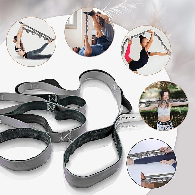 Stretching Strap Yoga Strap, 10 Loops Non-Elastic Stretch Bands Helps Women and Men Improve Flexibility for Home Workout, Physical Therapy, Pilates, Exercise, Dance, Comes with Door Anchor-GravixFit
