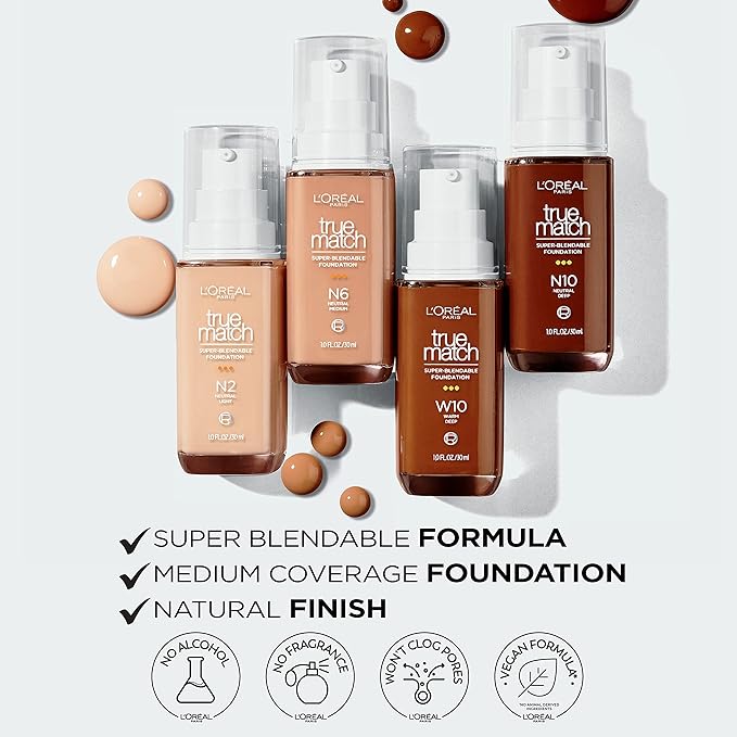 L’Oréal Paris True Match Super-Blendable Foundation, Medium Coverage Liquid Foundation Makeup with SPF 17, W10, Deep, 1 Fl Oz (Pack of 2)-GravixFit